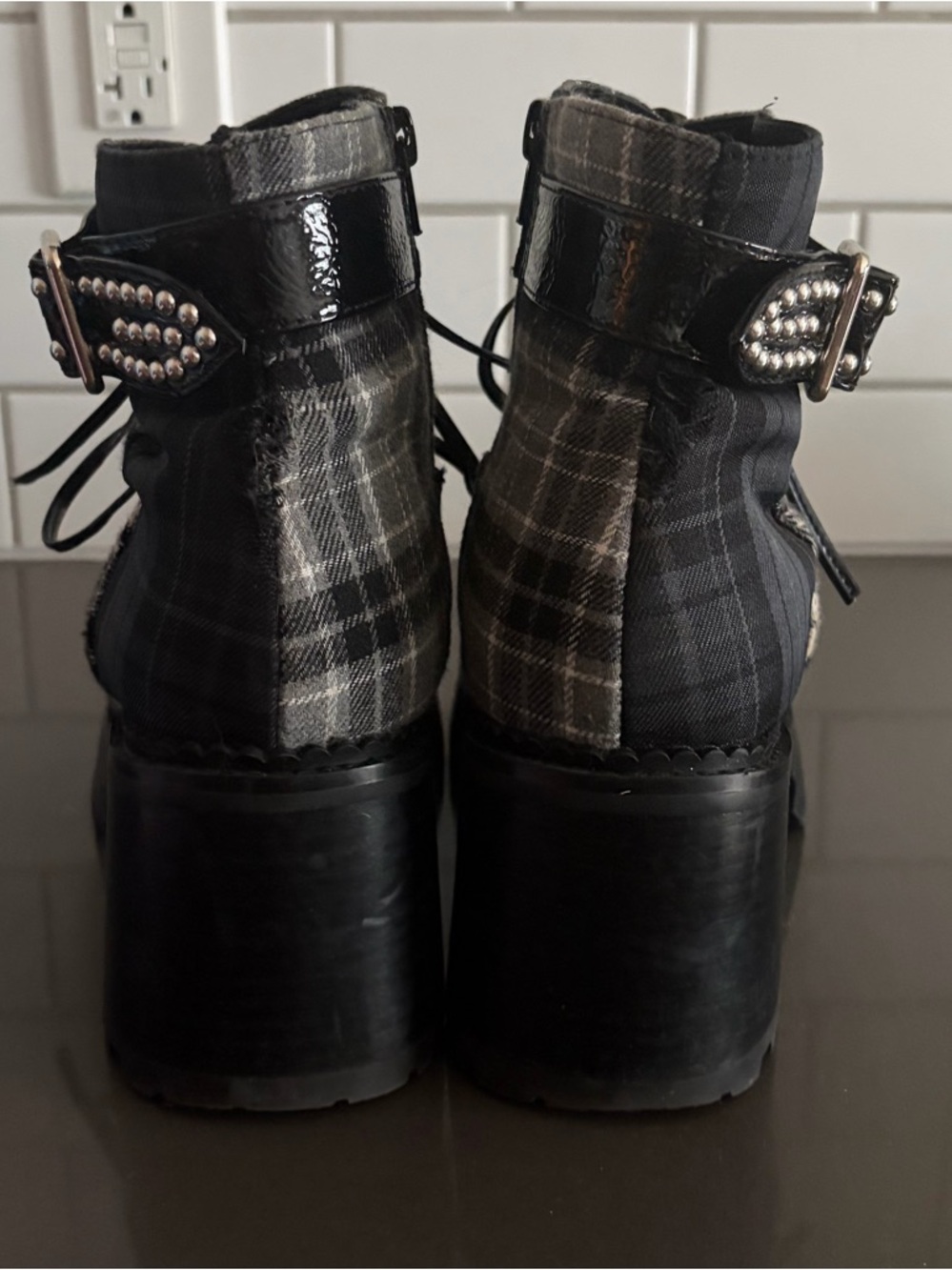 Jeffrey Campbell Helter Black/Grey Plaid Combat Boots - Picture 4 of 14